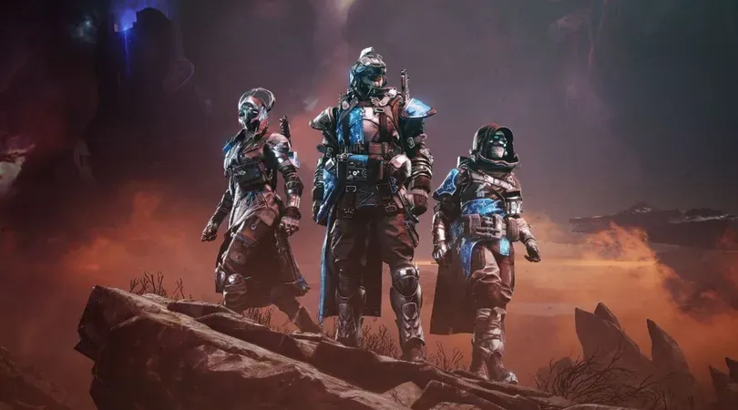 Concept art from Destiny 2 showing three characters standing on a rock.