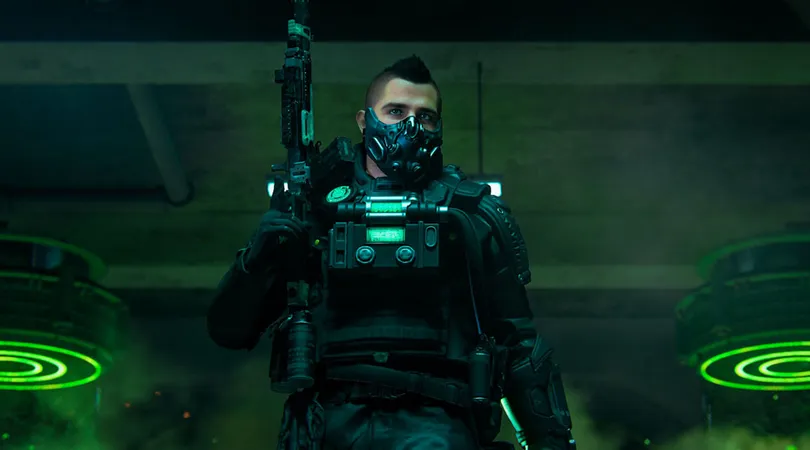 Modern Warfare 3 Soap Operator holding gun upwards with glowing green gas silos in background