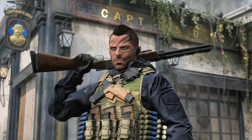 Warzone Soap Operator holding shotgun on shoulder behind head. A pub is in the background