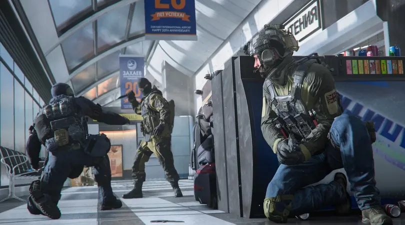 Modern Warfare 3 player hiding behind vending machine while other players fight in corridor
