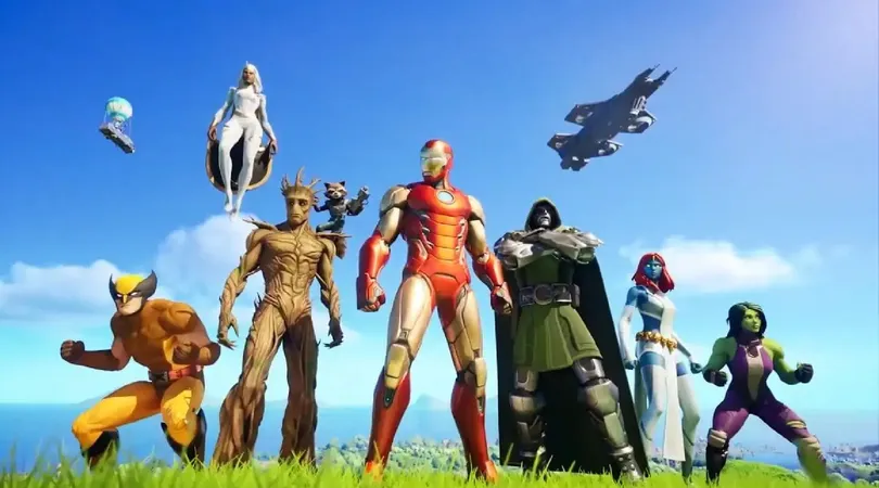 Fortnite Nexus War characters with Iron Man, Doctor Doom, Mystique, She-Hulk, Groot, and Wolverine next to each other