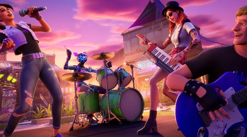 Four Fortnite characters, including Jonesy, playing different instruments for Fortnite Festival