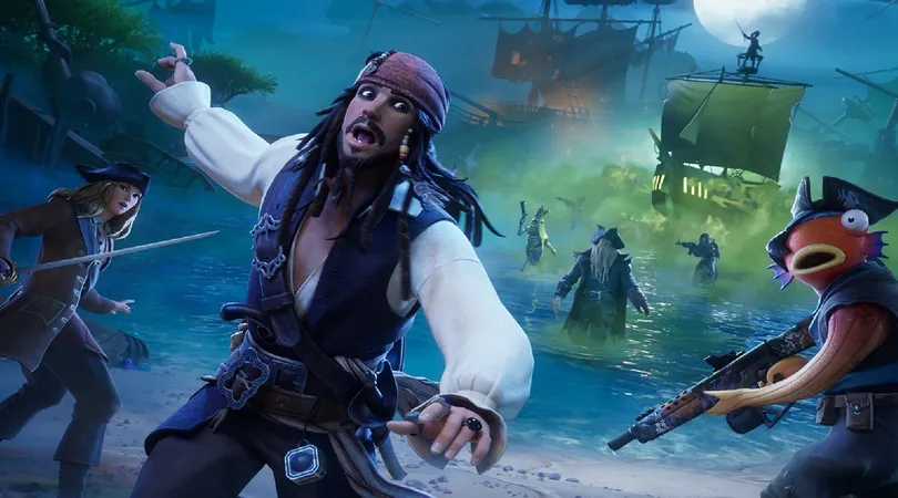 Captain Jack Sparrow from Pirates of the Caribbean running away from Davy Jones and his fleet in Fortnite