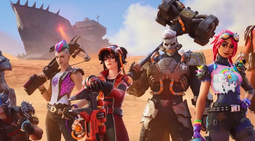 Fortnite Chapter 5 Season 3 key art with all of the battle pass skins standing in a desert